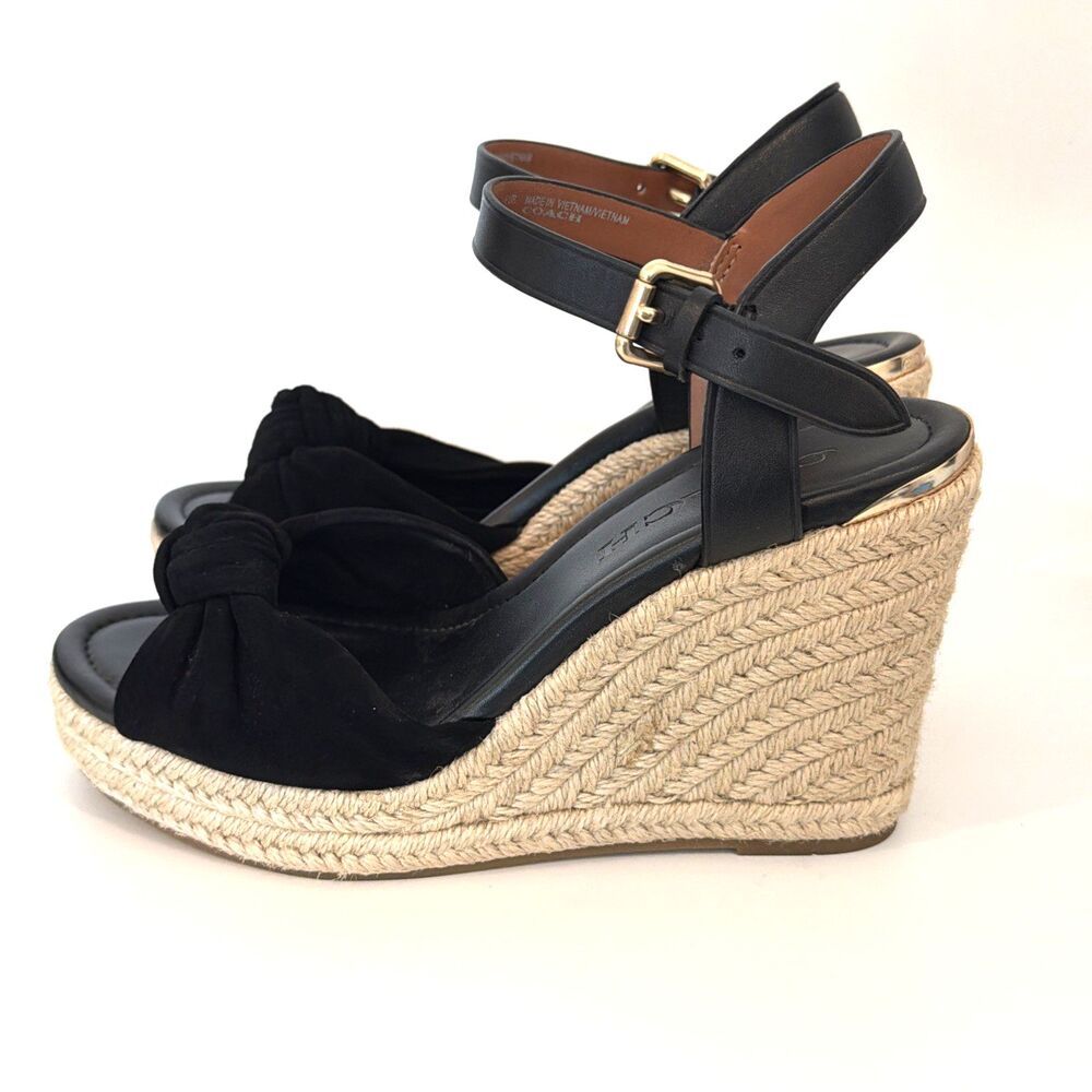 COACH Womens Sz 5 Espadrilles Katey Wedge Sandals Black Suede Peep Toe Resort - Picture 3 of 14